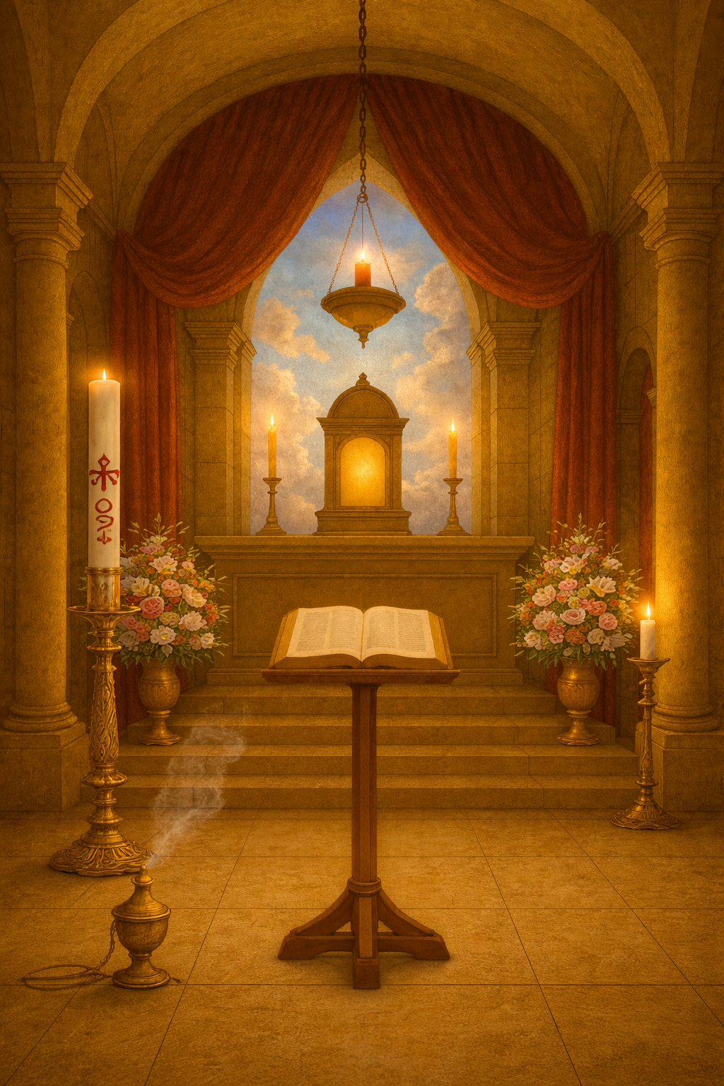 A bright interior sanctuary with a glowing tabernacle, symbolizing the heart alive with grace and open to God.