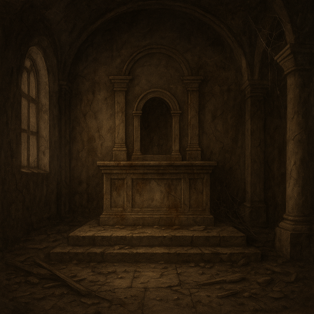 A darkened interior sanctuary with an empty tabernacle space, symbolizing the soul dimmed by sin and in need of mercy.